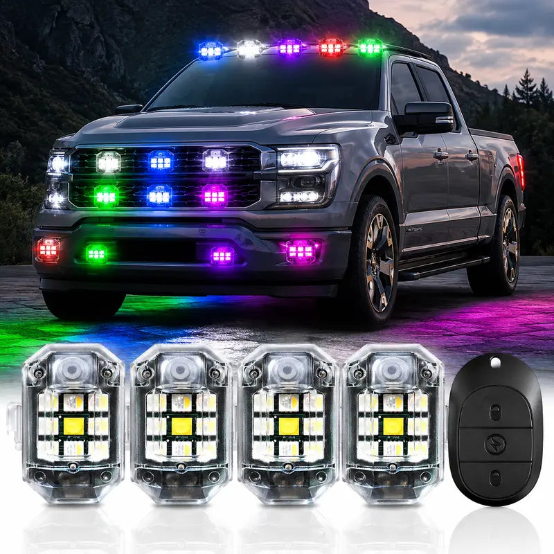 Wireless RGB LED Car Underglow Kit - Strobe Light Module, Remote Control, USB Rechargeable Carlights, Surface-Mount Automotive Accessory with Underglow LED Lights for Cars, Helmet & Drone Fit, Emergency Use