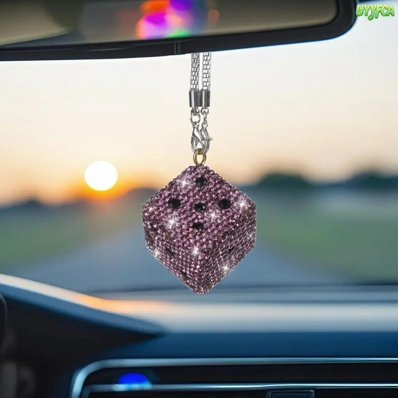 Bling Rhinestone Dice Shape Car Hanging Ornament - Full Crystal Multi-Faceted Sparkle Shine Rearview Mirror Pendant, Car Accessories with Detachable Chain, Sohochic Vehicle Interior Decor Charm, Bag Charm
