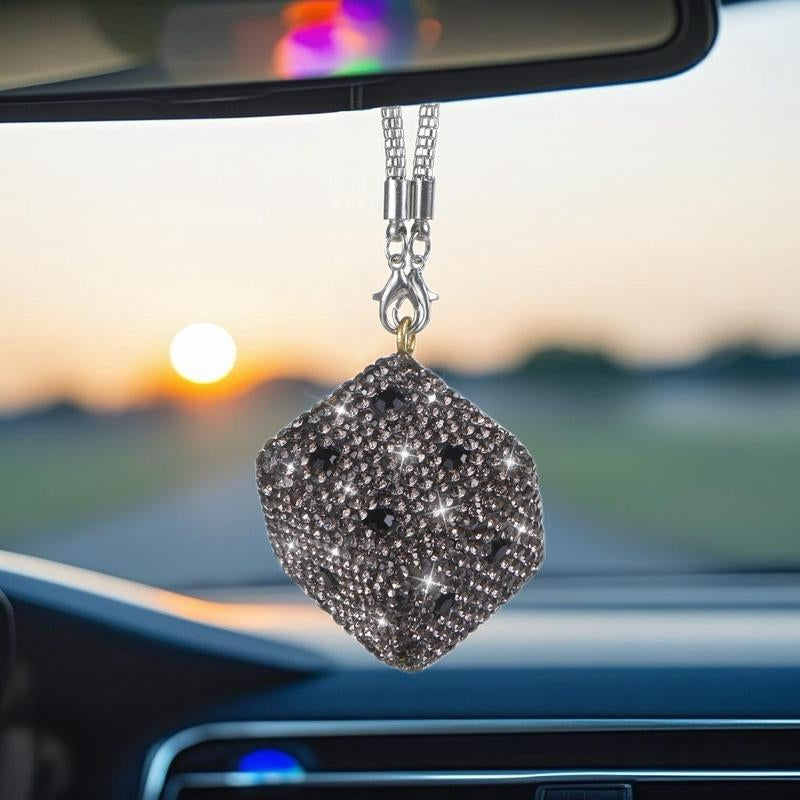 Bling Rhinestone Dice Shape Car Hanging Ornament - Full Crystal Multi-Faceted Sparkle Shine Rearview Mirror Pendant, Car Accessories with Detachable Chain, Sohochic Vehicle Interior Decor Charm, Bag Charm