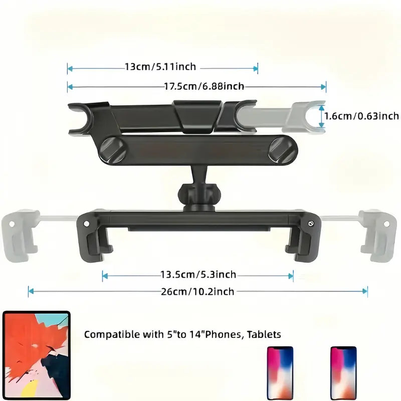 360-Degree Rotatable Car Rear Headrest Tablet Holder - 360° Angle Dial, Telescopic Stable Seat Mount, Fits 5-13" Devices, Back Seat Ipad Stand Mounts & Holders, Black Automotive Interior Accessory