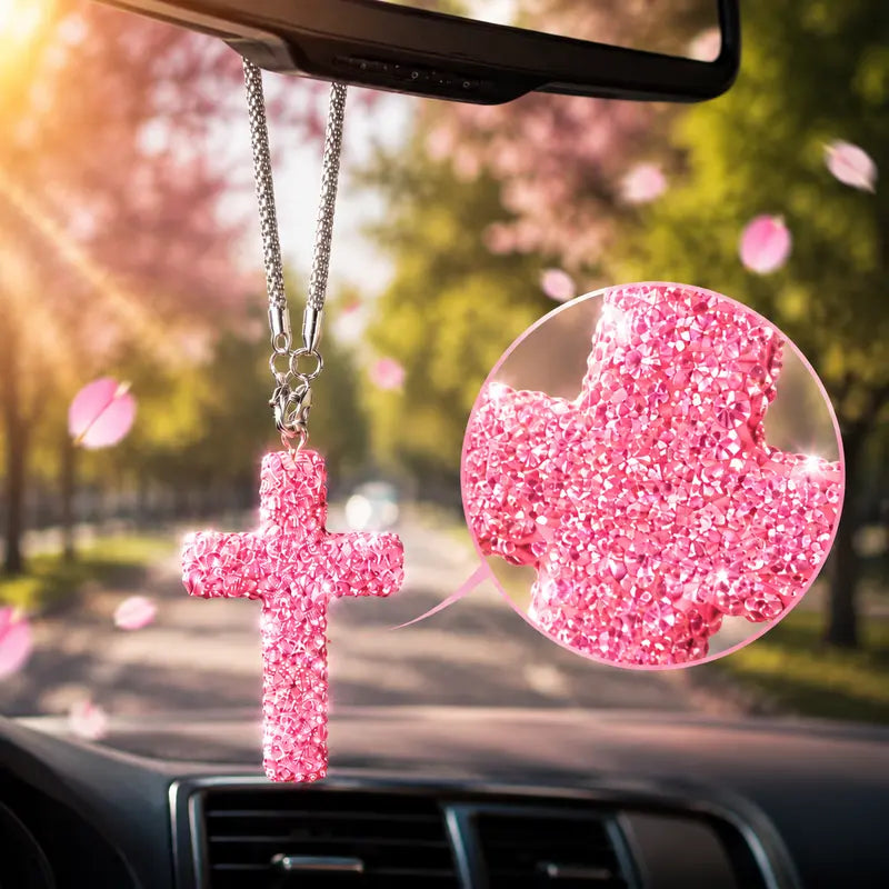 Rhinestone Cross Car Charm, Crystal Rearview Mirror Hanging Ornament, Bling Car Accessories, Cute Car Interior Decor for Women and Men,6 Color Options, Accessories for Car, Alloy