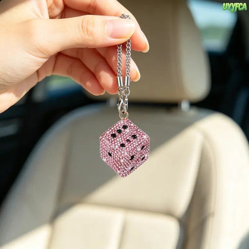 Bling Rhinestone Dice Shape Car Hanging Ornament - Full Crystal Multi-Faceted Sparkle Shine Rearview Mirror Pendant, Car Accessories with Detachable Chain, Sohochic Vehicle Interior Decor Charm, Bag Charm