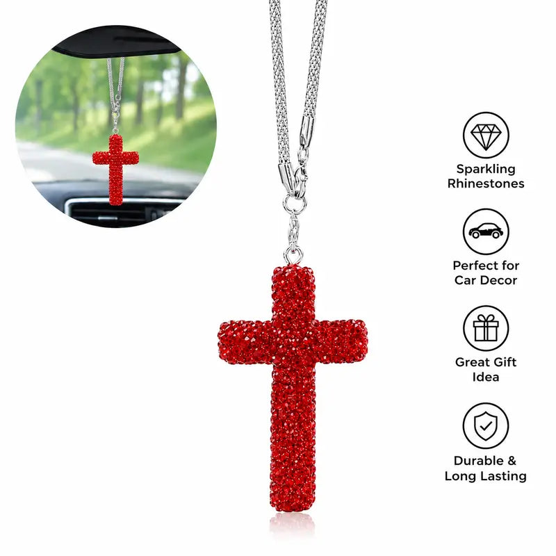 Rhinestone Cross Car Charm, Crystal Rearview Mirror Hanging Ornament, Bling Car Accessories, Cute Car Interior Decor for Women and Men,6 Color Options, Accessories for Car, Alloy