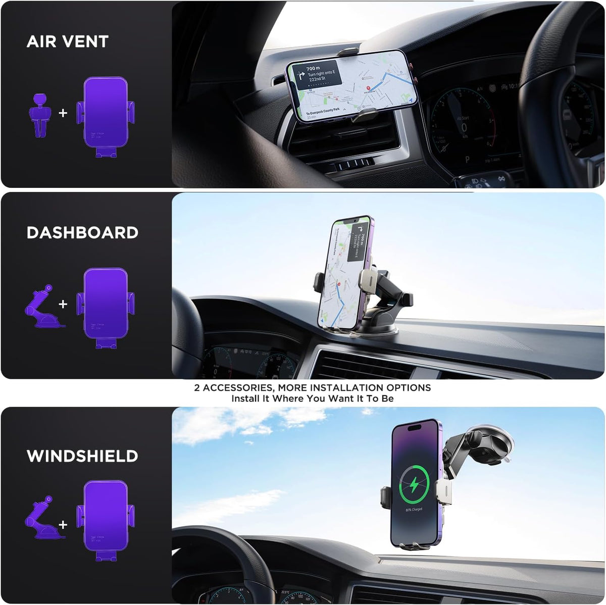 Wireless Car Charger,【7 Colored RGB Backlit】 15W Auto Clamping Car Charger Phone Mount Holder for Iphone 15 14 13 12 Mini Pro Max 11 XR X, Samsung Galaxy S23 Ultra S22 S21+ S10+ Note 20, Etc - Silver