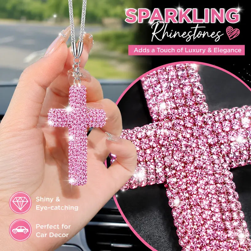 Rhinestone Cross Car Charm, Crystal Rearview Mirror Hanging Ornament, Bling Car Accessories, Cute Car Interior Decor for Women and Men,6 Color Options, Accessories for Car, Alloy