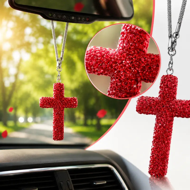 Rhinestone Cross Car Charm, Crystal Rearview Mirror Hanging Ornament, Bling Car Accessories, Cute Car Interior Decor for Women and Men,6 Color Options, Accessories for Car, Alloy