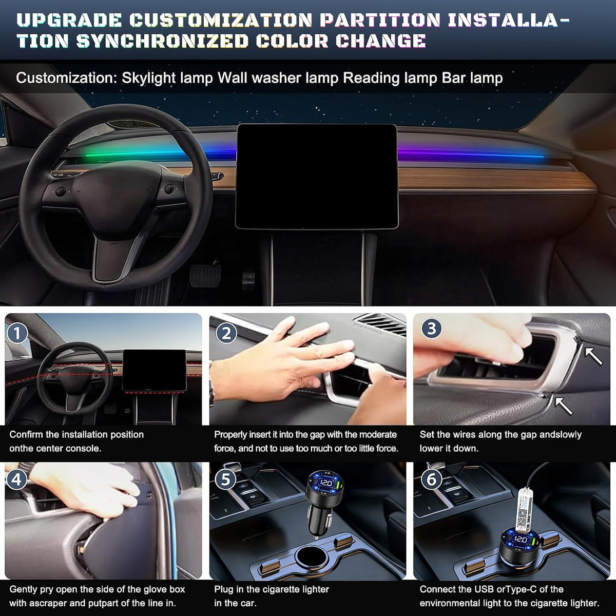 Acrylic Interior Car LED Strip Light with Usb/Type C/4-Port Cigarette Lighter, Dreamcolor 6 in 1 with 175 Inches 650 Leds Ambient Lighting Kits, Sound Active Function Neon Led Strips for Car
