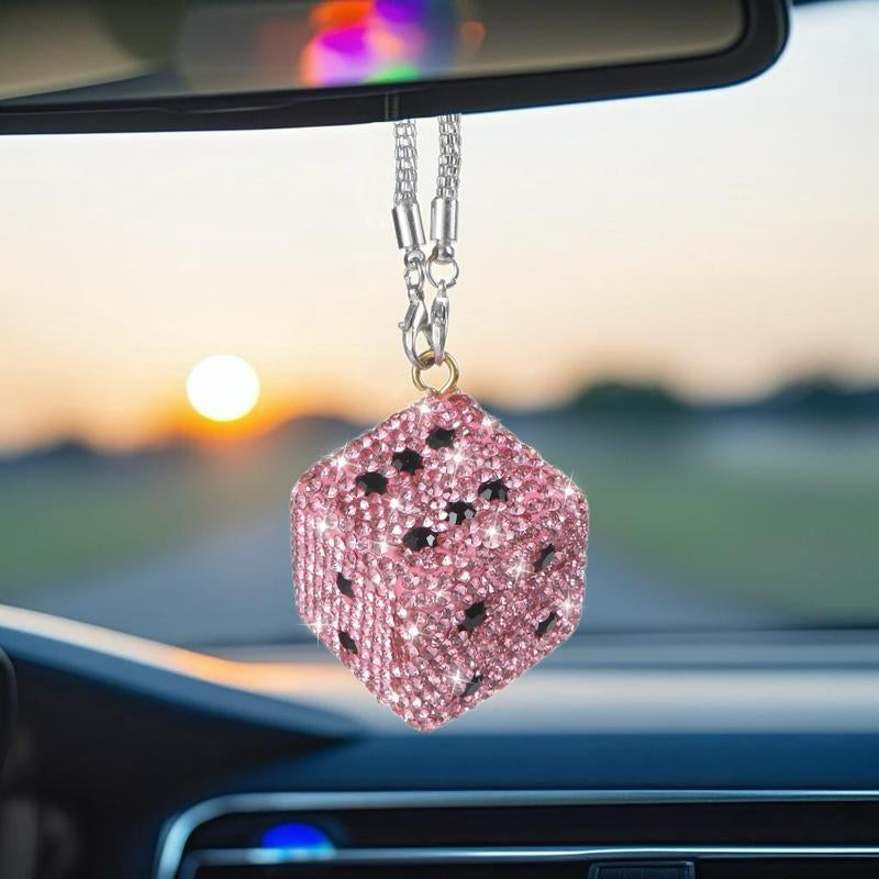 Bling Rhinestone Dice Shape Car Hanging Ornament - Full Crystal Multi-Faceted Sparkle Shine Rearview Mirror Pendant, Car Accessories with Detachable Chain, Sohochic Vehicle Interior Decor Charm, Bag Charm