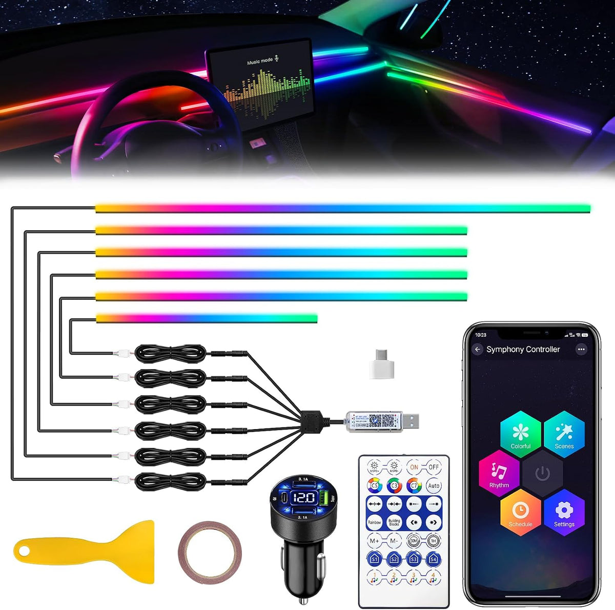 Acrylic Interior Car LED Strip Light with Usb/Type C/4-Port Cigarette Lighter, Dreamcolor 6 in 1 with 175 Inches 650 Leds Ambient Lighting Kits, Sound Active Function Neon Led Strips for Car