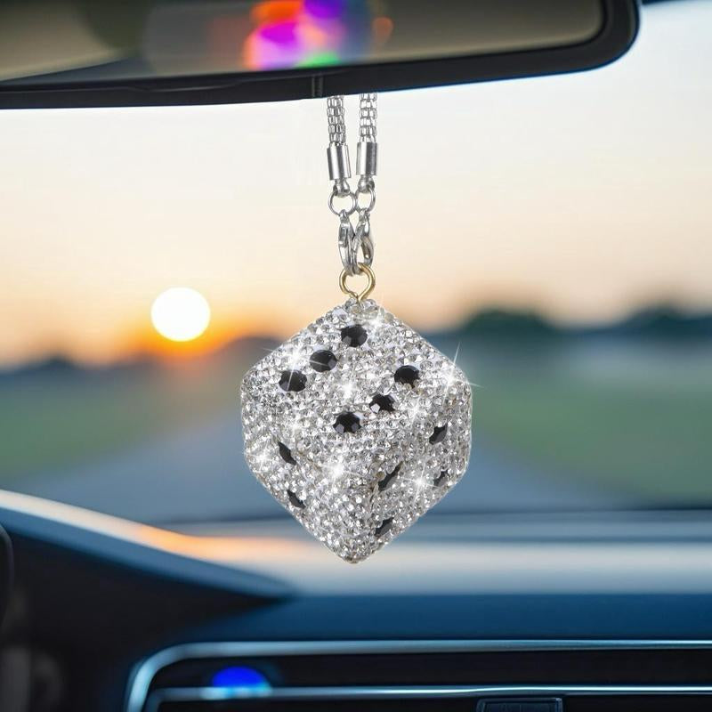 Bling Rhinestone Dice Shape Car Hanging Ornament - Full Crystal Multi-Faceted Sparkle Shine Rearview Mirror Pendant, Car Accessories with Detachable Chain, Sohochic Vehicle Interior Decor Charm, Bag Charm