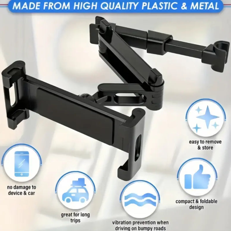 360-Degree Rotatable Car Rear Headrest Tablet Holder - 360° Angle Dial, Telescopic Stable Seat Mount, Fits 5-13" Devices, Back Seat Ipad Stand Mounts & Holders, Black Automotive Interior Accessory