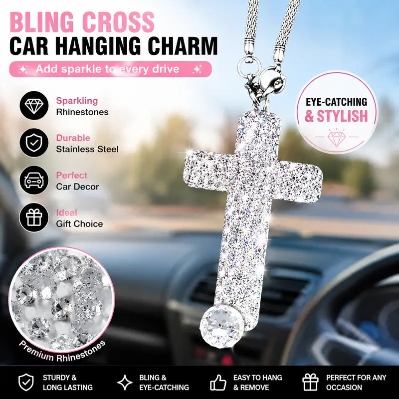 Rhinestone Cross Car Charm, Crystal Rearview Mirror Hanging Ornament, Bling Car Accessories, Cute Car Interior Decor for Women and Men,6 Color Options, Accessories for Car, Alloy