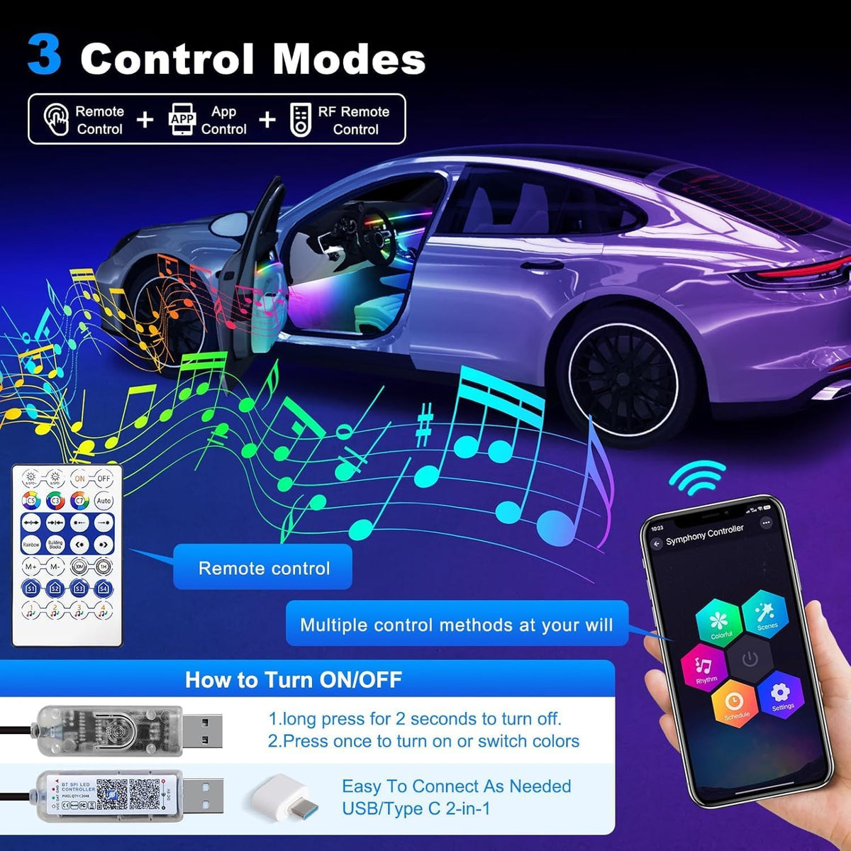 Acrylic Interior Car LED Strip Light with Usb/Type C/4-Port Cigarette Lighter, Dreamcolor 6 in 1 with 175 Inches 650 Leds Ambient Lighting Kits, Sound Active Function Neon Led Strips for Car