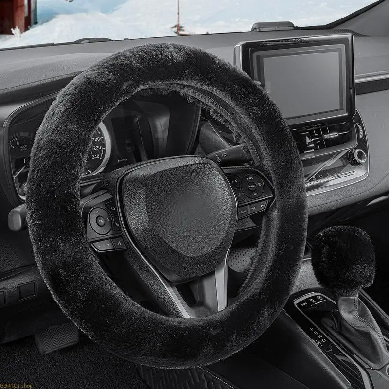Fluffy Steering Wheel Cover 3-Piece Set, Plush Faux Rabbit Fur Winter Car Accessory, Warmth Lock-In, Anti-Slipping Elastic, Durable, Easy Maintenance, Tool-Free Install, Universal 14.5-15 in Fit, Eliminates Icy Touch, Keeps Hands Cozy